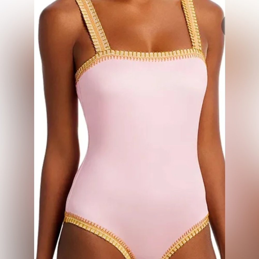 PQ PINK SANDS Crochet Trim Square Neck One Piece.